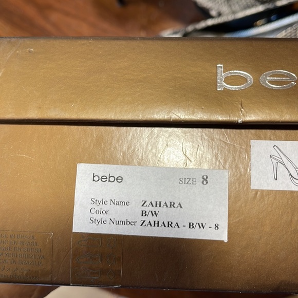 Bebe Zahara, black & white snake, open toe sling back platform stilettos, size 8 - Picture 10 of 11